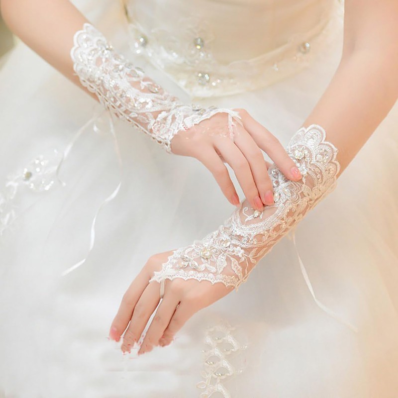 Cubahop Wedding Lace Crystal Gloves White Long Fingerless Gloves Handmade