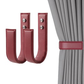OCIOLI Modern Black Curtain Tiebacks 2 Pack - Wall Mount U-Shaped Holdbacks for Drapes, Premium PU Leather Drapery Pull Backs & Decorative Tieback Hooks with Durable Curtain Holder Design (2, Red)