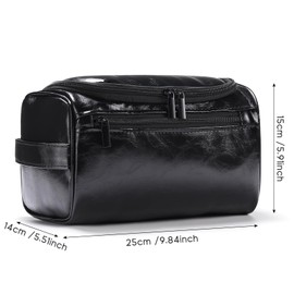 Leather Toiletry Bag, Etercycle Hanging Wash Bag PU Travel Toiletry Case Waterproof Bathroom Bag for Men and Women Travel Makeup Organizer (Jet Black)