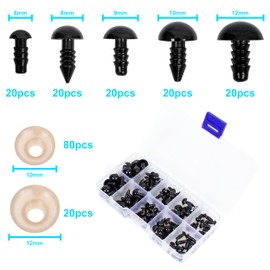 100 Pcs Black Plastic Safety Eyes with 100 Pcs Washers,Plastic Safety Eyes for Crochet Animal Crafts Doll Eyes,Assorted Sizes Plastic Doll Eyes for Plush Animal and Teddy Bear Craft Making