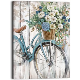 LAIART Farmhouse bathroom wall decor canvas art blue Retro bike picture print flower artwork for bedroom dining living room(11''x15)