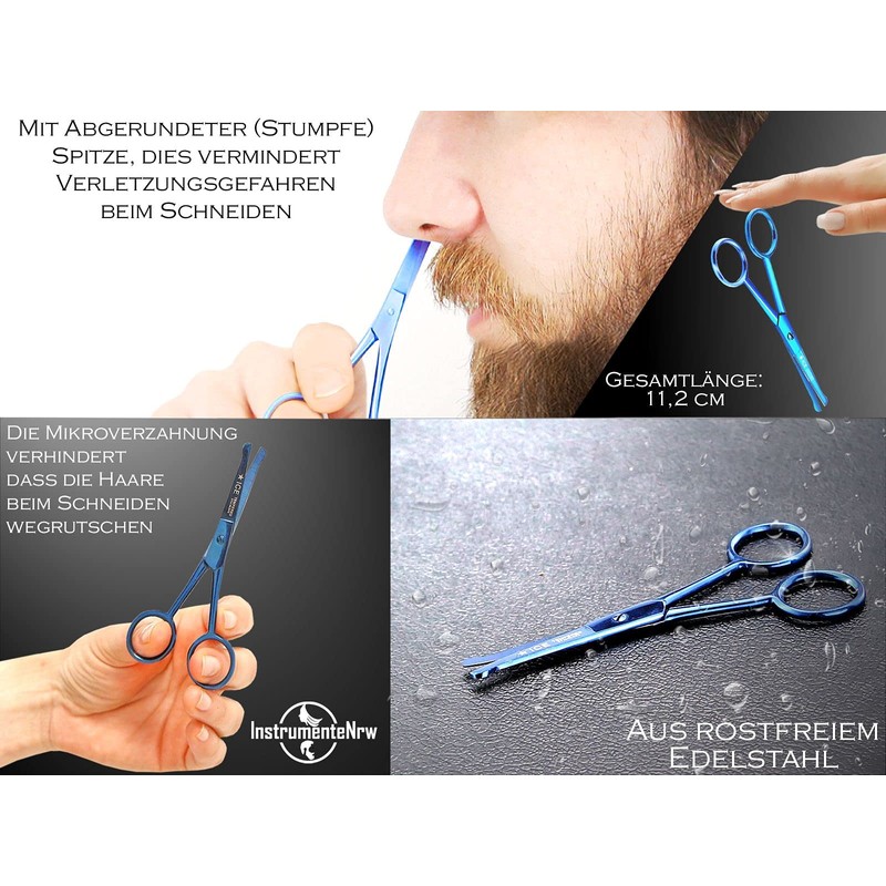 Bartschere BLUE TITANIUM Schnurrbart-Schere Nasenhaarschere mit Mikroverzahnung