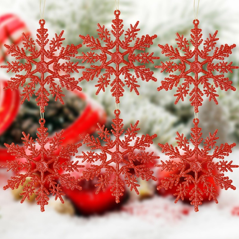 DERAYEE Christmas Decoration Snowflake Hanging Red Pack of 12 Snowflakes