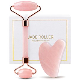 Rodillo de jade y juego de herramientas faciales Gua Sha hecho de cuarzo rosa, la herramienta de masaje Huefull es para drenaje linfático, alivio de tensión muscular y reducción de arrugas