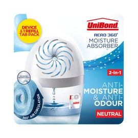 UNIBOND AERO 360º Moisture Absorber, Ultra-Absorbent Dehumidifier, Helps to Prevent Condensation, Mould & Musty Smells, Refillable Condensation Absorber, 1 Device incl. 1 Refill Tab 450g