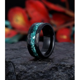 IRROYA Tungsten Carbide Wedding Band for Men: 8mm Black Gold Band with Blue-Green Aquamarine Hammered Texture Band Men's Daily Wear/Wedding Wear Promise Gift for Him Everyday Wear Comfort Fit Size 7