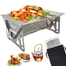 Portable Fire Pit for Camping Small Barbecue Grill Stainless Steel Charcoal Grill with Carrying Bag Mini Tabletop BBQ for Picnic Garden Backyard Terrace Camping Patio Travel