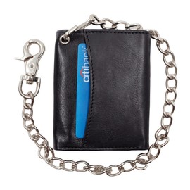 Paul Walter Genuine Leather Trifold Biker Wallet Black With RFID Blocking/Long Silver Chain