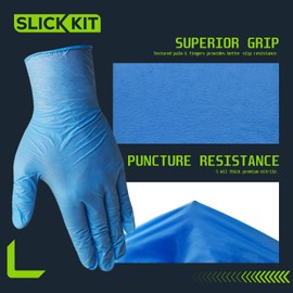 SLICK KIT Disposable Nitrile Gloves, 5 Mil Chemical Resistant Industrial Gloves for Cleaning Dishwashing, Latex-Free Powder-Free, Non-Sterile, Blue (Large/9 (Pack of 100))