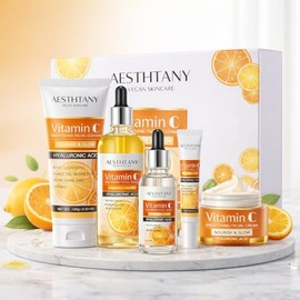 Set de cuidado de la piel con vitamina C, kit de cuidado de la piel con ácido hialurónico, crema facial, suero facial, crema para ojos, tóner para hidratar la piel, piel antienvejecimiento, juego de regalo de 5 piezas para mujeres