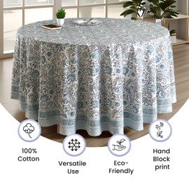 CPC Round Tablecloth- Cotton Indian Block Print Tablecloth -Handmade Printed Washable Cotton Table Cloth - Spring/Summer, Wedding Table Cover - Indigo Blue 60 Inches