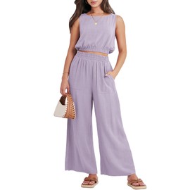 ANRABESS Women’s Summer 2 Piece Outfits Sleeveless Crop Top Tank and Wide Leg Pants Linen Jumpsuit Beach Vacation Sets Light Purple Large