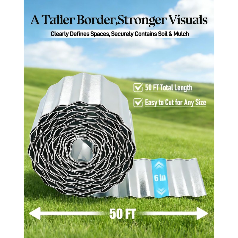 6" x 50' Corrugated Metal Garden Edging Border, Galvanized Flexible