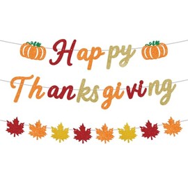 ANFEST Glittery Happy Thanksgiving Banner with Sparkly Pumpkins, Colorful Maple Leaves, Pre-Assembly Autumn Harvest Decor for Home Party, Office Decoration