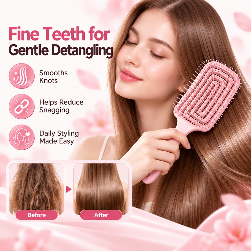 Hollow-Out Fine-Tooth Detangling and Volumizing Hair Comb for Real Hair
