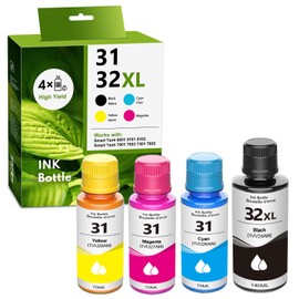 32XL/31 Black Cyan Yellow Magenta High Yield Ink Refills 4/Pack - 1VV24AN 1VU26AN 1VU27AN 1VU28AN Replacement for HP 31 32XL for Smart Tank 5101 5102 6001 7001 7002 7301 7602 Plus 651 551 Ink Tank