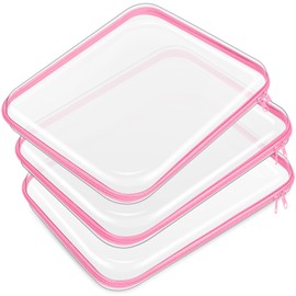 Hoolerry 3 Pcs Clear Hard Zipper Case Plastic Pouch Transparent Hard Case Clear Makeup Bag Portable Travel Organizer Bin for Cosmetics, Building Blocks, Puzzles(Pink,L)