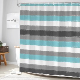 Teal Striped Shower Curtain Grey Black White Geometric Stripe Fashion Girl Vintage Modern Aesthetic Minimalist Neutral Abstract Turquoise Blue Polyester Bathroom Decor Set with Hooks 70Wx70H Inch