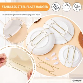 Ginmoto Plate Hangers for The Wall Plate Hangers Plate Wall Hangers for Display Heavy Duty Polished Brass Hangers Stainless Steel Decorative with 12 Pieces Hook with Nails for Decorative（4in/6in/8in）