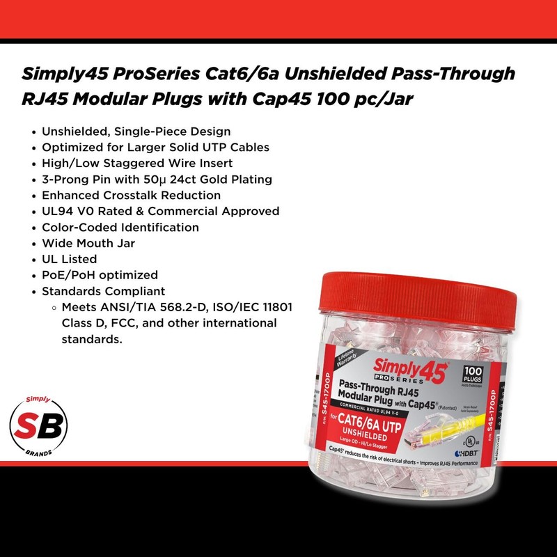 Simply45 ProSeries Unshielded Pass-Through RJ45 Modular Plugs with Cap45 for