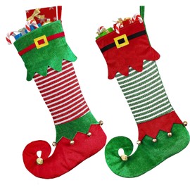HBWHNIU Pack of 2 Elf Christmas Stockings, Red Green Striped Santa Stocking, Christmas Socks for Filling, Candy Gift Bag Socks, Christmas Tree Decoration, for Wall, Fireplace, Stairs