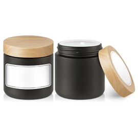 Small Glass Jars with Lids, 4 oz Black Glass Jars with Plastic Woodgrain Lids & Inner Liners Leakproof Round Airtight Empty Cosmetic Travel Containers - 2 pack