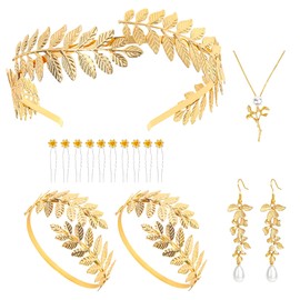 Horolam Greek Goddess Costume Accessories, Golden Greek Leaf Crown Headband with Coil Upper Armband Bracelet Earrings Necklace Hair Pins for Women for Toga Wedding Bridal (16PCS)