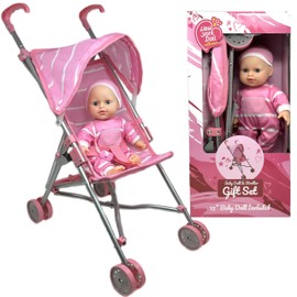 Baby Doll with Stroller Set - 12" Baby Doll with Pacifier Gift Set - Pink Fabric Baby Stroller Toy for Kids - Foldable Play Stroller for Dolls with Canopy - Doll Stroller for Toddlers, Girls