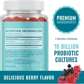 Probiotic Gummies with Vitamin C and Folic Acid | 5 Billion CFU Probiotics | Gut Health, Digestion, & Immune System Support | Gluten-Free, Non-GMO, Berry Flavor | 60 ct.