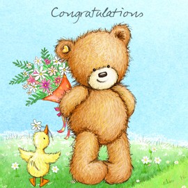 Twizler Popcorn The Bear Congratulations Card with Flowers and Duck – Well Done Card – New Baby Card – Anniversary Card – Cute Card – New Home Card – Retirement Card – Engagement Card - new Job Card