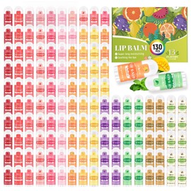 Mini Lip Balm 130 Pack, Natural Lip Balms with Vitamin E and Coconut Oil. Moisturizes for Dry Lips, Perfect for Christmas Gifts, Party Favors, Gift Bags and Small Gifts-13 Flavors