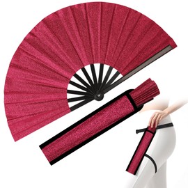 13 inch Glitter Large Rave Folding Clack Hand Fan with Holster for Men/Women Handheld Fan for EDM,Festival,Club,Party,Line Dancing,red