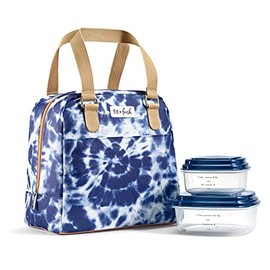 Fit + Fresh Minneola Insulated Lunch Bag, Cooler Bag, Lunch Bag for Women with Two Lunch Containers, Reusable Lunch Box, Perfect for Work, School, Beach & More, Blue Tie Dye
