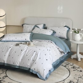 AOJIM Cute Star Pattern Duvet Cover Set 3pcs for Kids and Adults, Reversible Pure Cotton Bedding Comforter Cover and 2 Matching Pillowcases, Super Soft Bed Quilt Cover for Room Decor, Twin Size