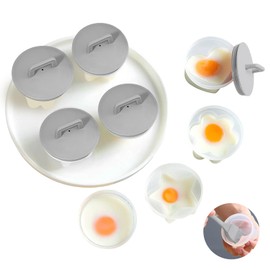 Teeloray Egg Poacher Cups, 4 Pcs Poached Egg Cooker with Lid and Oil Brush Egg Coddler 4 Shapes Reusable Egg Molds, BPA Free Nonstick Egg Poaching Cups for Boiled Eggs Without Shell, Gray