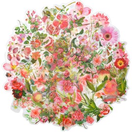ExceLife 100 Pcs Natural Flower Stickers for Scrapbooking, PET Transparent Retro Floral Plants Vintage Stickers for Scrapbook Laptop Skins Album DIY Craft Daily Planner,Pink