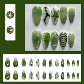 24pcs Summer Green Gradient Press on Nails Medium Length Silver Star Almond Shape False Nails with Design Green Glitter Curved Acrylic Nails Reusable for Women Nail Art Supplies