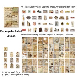 200PCS Vintage Scrapbooking Supplies Pack, Aesthetic Scrapbook Sticker Paper Art Journaling Kit for Bullet Junk Journals,Planner,Cottagecore Decor Gifts (Retro Letters)