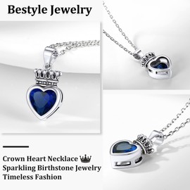 Vintage Silver Crown Heart Necklace with Sapphire Princess Queen Necklace Sparkling Love Heart March Crystal Birthstone Necklace CZ Necklaces Birthday Gift for Women