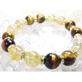 Kanoishi [Money Luck x Money Luck One Person Winning Breath ∞] Large Gold Rutilated Quartz x Tiger Eye Bracelet Men's Power Stone, Natural Stone, 0.5 inches (12 mm) (For Purification Purification, Zazare Crystals) (Men's L Size, Approx. 7.5 inches (19 cm