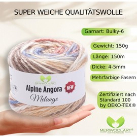 MeriWoolArt® Merino Wool for Knitting - 150 m Multicoloured Thick Soft Merino Wool for Sweaters and Jackets - XXL Hand Knitting Wool - Voluminous DIY Wool for Scarves, Blankets, Scarves & Gifts 6411