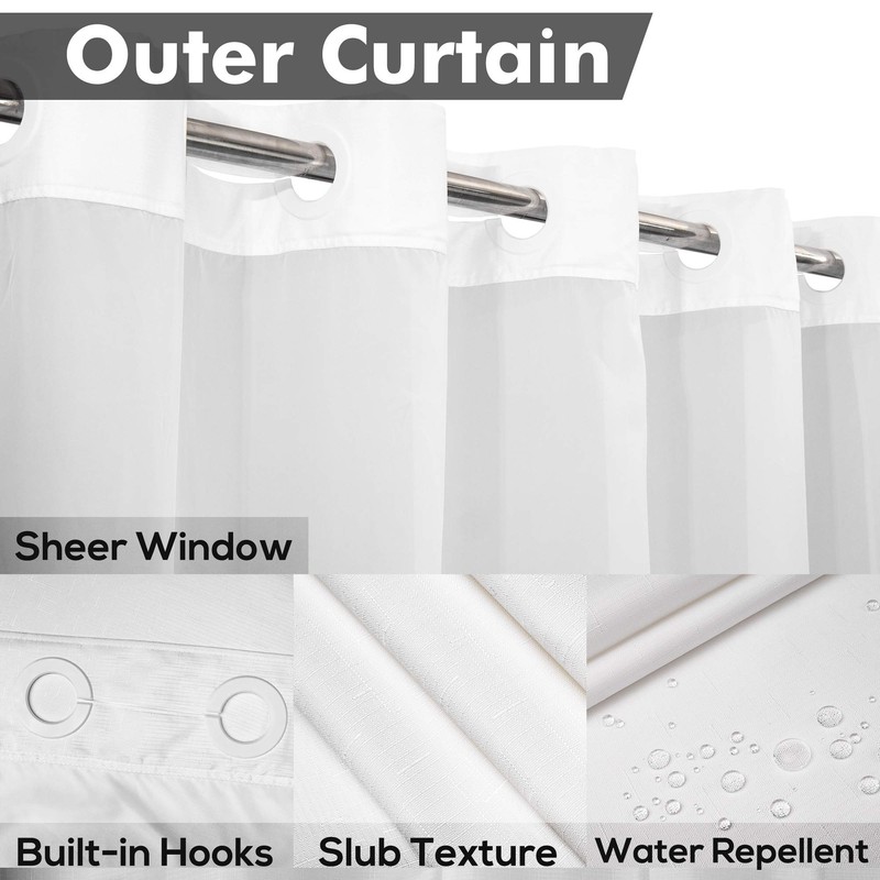 Extra Long No Hook Slub Textured Shower Curtain with Snap-in