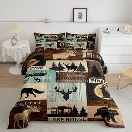 Hunting Woodland Animal Comforter Set Twin Rustic Fox Bear Deer Moose Bedding Set,Lake House Fishing Comforter for Farmhouse Cabin Lodge,Countryside Wildlife Quilt Duvet Brown Teal 1 Pillow Case