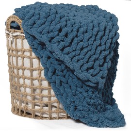 Carriediosa Chunky Knit Throw Blanket 60" X 80" Twin, 100% Hand Made Large Chenille Loop Yarn Soft Fluffy Throws for Couch Sofa Bed, Big Crochet Cozy Heavy Thick Cable Woven Blankets, Lyons Blue