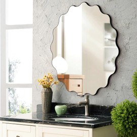 QDSSDECO 23" x 23" Circle Wavy Mirror, Irregular Shaped, Unique Vanity Mirror, Frameless Wall Mirror for Bathroom, Living Room, Bedroom, Entryway