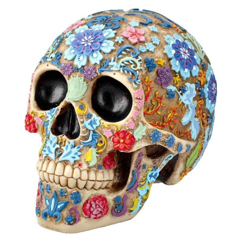 Skull Figurine with Floral Pattern - 16 cm Height, Bone