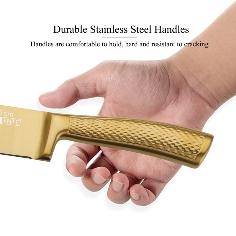 8-Piece Luxury Gold Kitchen Knife Set with Wooden Block Non-Rust