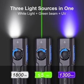 JETBeam E26 EDC Tactical Flashlight 2000 Lumens Rechargeable with Green Beam, UV and White LED Combo,Triple Light Sources Perfect for Checking,Working,Built from aviation-grade aluminium(with Battery)