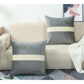 TangDepot Set of 2 Hevey Velvet Decorative Throw Pillow Covers Cushion Covers, Cream White Striped, Super Soft, Indoor/Outdoor, Square Pillowcases - (12x12 Inch 2 Pieces, Light Grey)