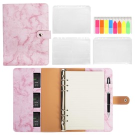 FYY Leather A5 Ring Binder Notebook - 6 Ring A5 Binder with A5 Refill Papers, Binder Pockets and PVC Sticky Notes, Travel Binder Journal Personal Planner with Ring Binder Marble-Pink